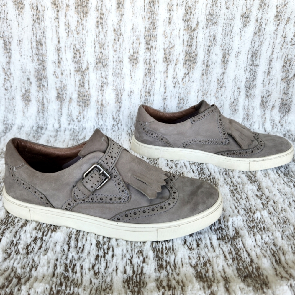 Frye "Gemma Kiltie" Gray Suede Wingtip Fringe Slip On Sneaker | Women's Size 7 - Picture 7 of 11